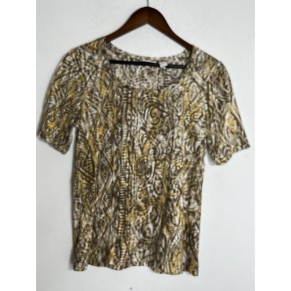 Chico's Boho Stamp block print neutral colors sz 1 M Top Blouse (13
